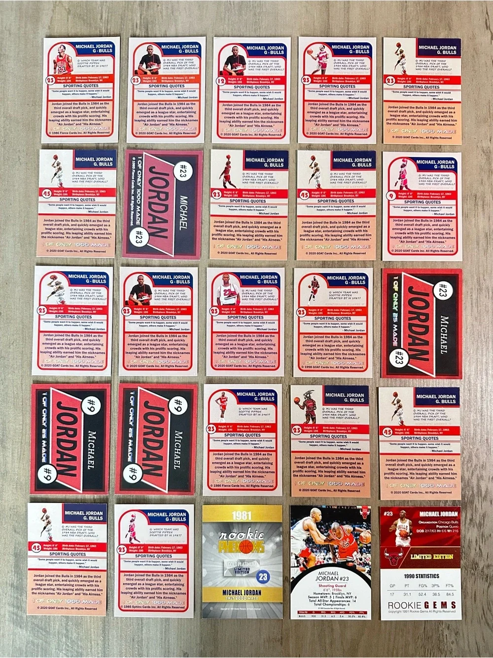 Michael Jordan Rookie Lot of (25) GOAT Fierce Gems Novelty Basketball Cards.